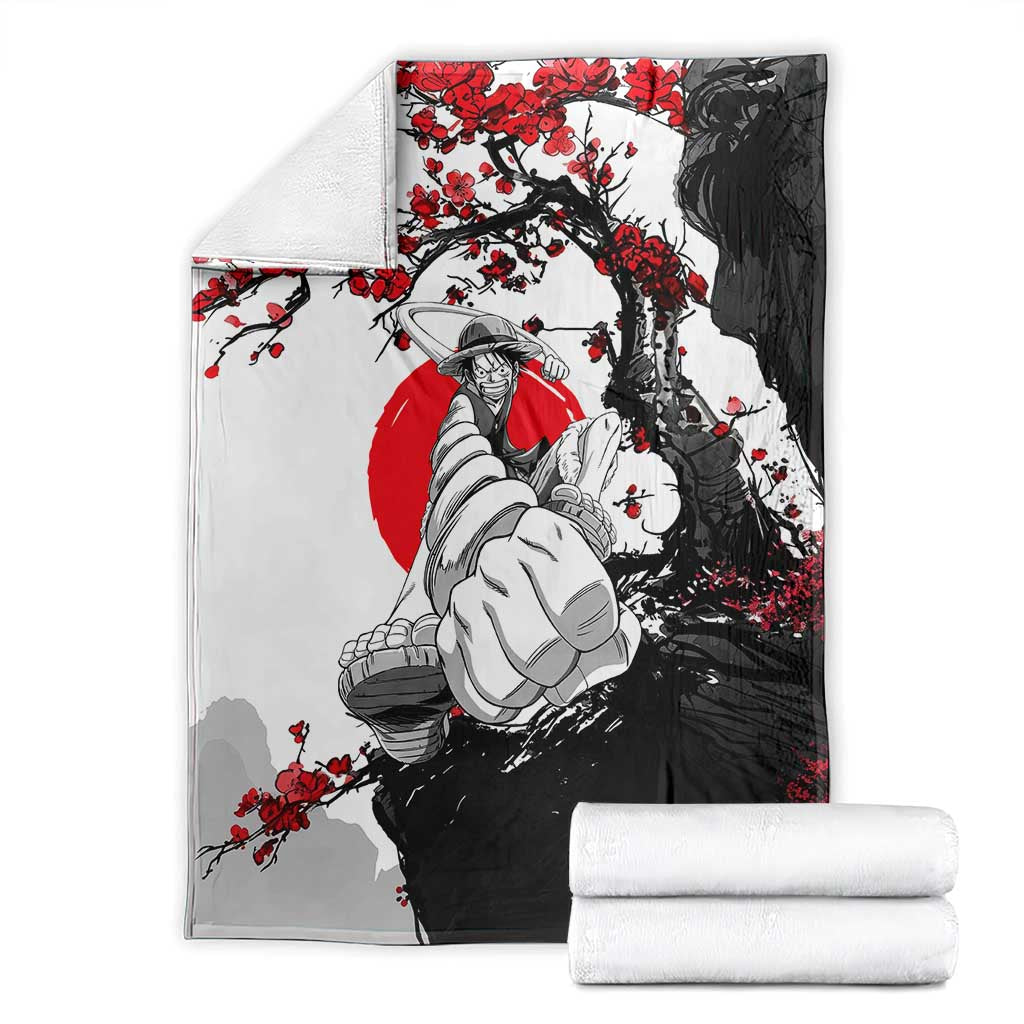 Luffy Gear 3 One Piece Anime White and Red Japanese Art Style Blanket with Cherry Blossom Tree and Straw Hat Pirates Jolly Roger - The Mazicc