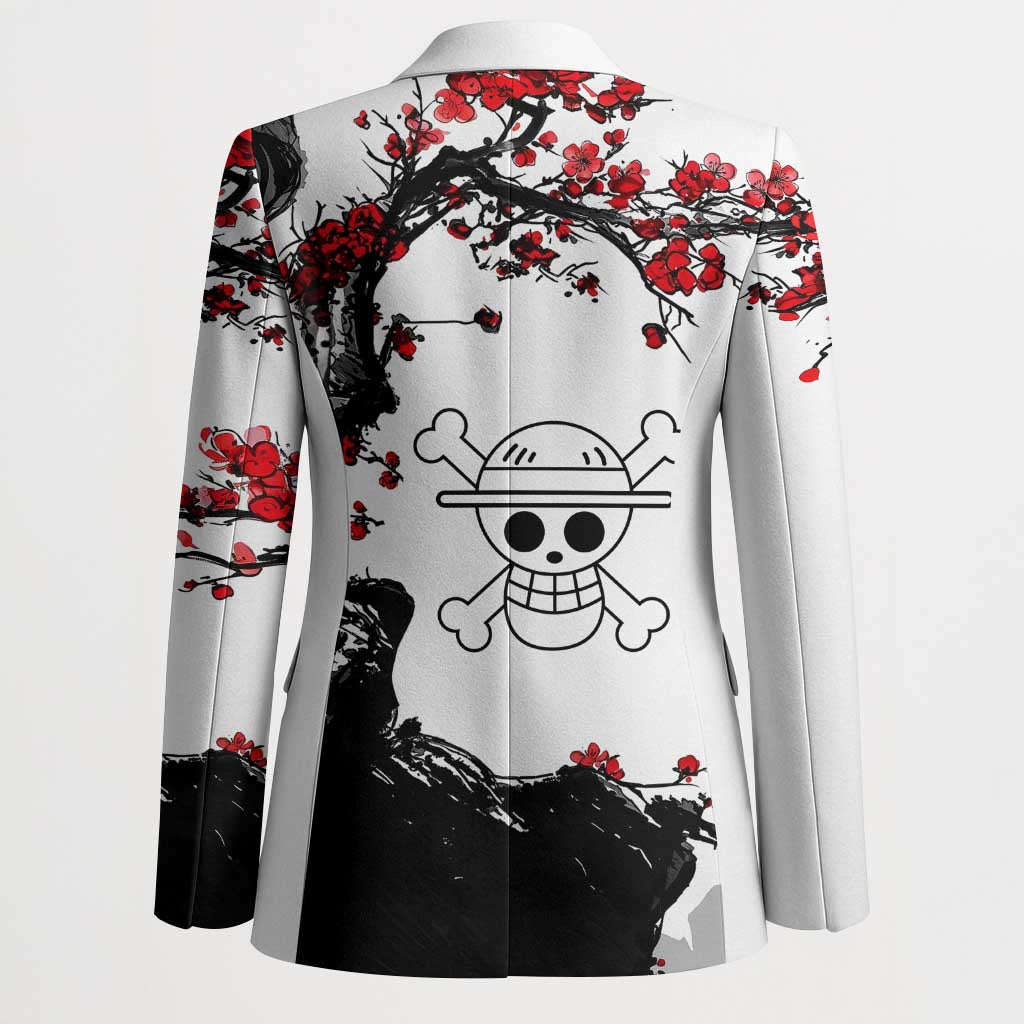 Luffy Gear 3 One Piece Anime White and Red Japanese Art Style Blazer with Cherry Blossom Tree and Straw Hat Pirates Jolly Roger - The Mazicc
