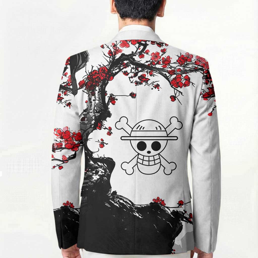 Luffy Gear 3 One Piece Anime White and Red Japanese Art Style Blazer with Cherry Blossom Tree and Straw Hat Pirates Jolly Roger - The Mazicc