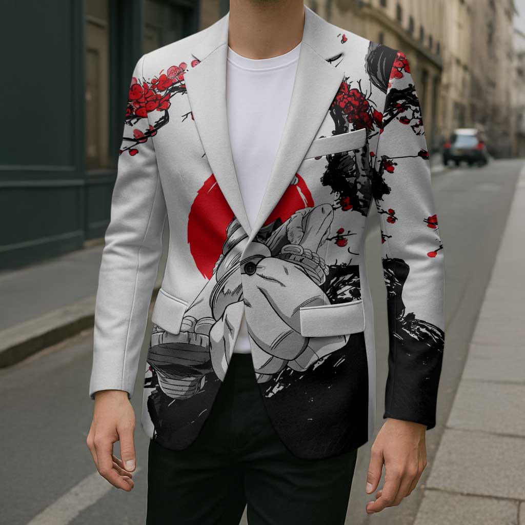 Luffy Gear 3 One Piece Anime White and Red Japanese Art Style Blazer with Cherry Blossom Tree and Straw Hat Pirates Jolly Roger - The Mazicc