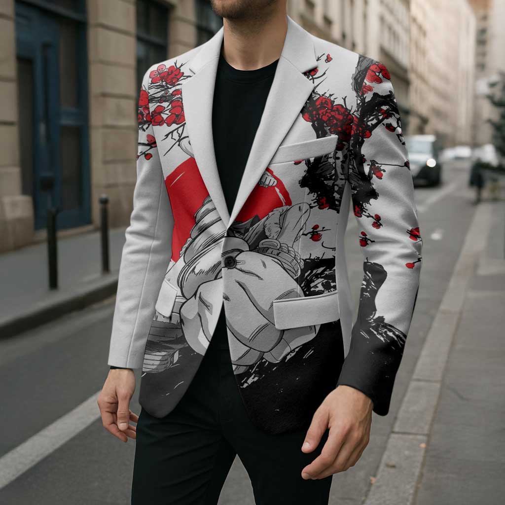 Luffy Gear 3 One Piece Anime White and Red Japanese Art Style Blazer with Cherry Blossom Tree and Straw Hat Pirates Jolly Roger - The Mazicc