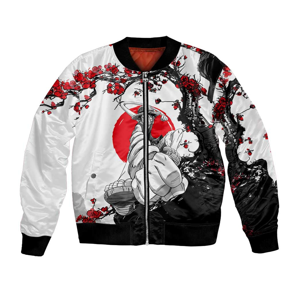 Luffy Gear 3 One Piece Anime White and Red Japanese Art Style Bomber Jacket with Cherry Blossom Tree and Straw Hat Pirates Jolly Roger - The Mazicc