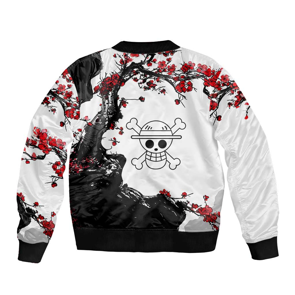 Luffy Gear 3 One Piece Anime White and Red Japanese Art Style Bomber Jacket with Cherry Blossom Tree and Straw Hat Pirates Jolly Roger - The Mazicc