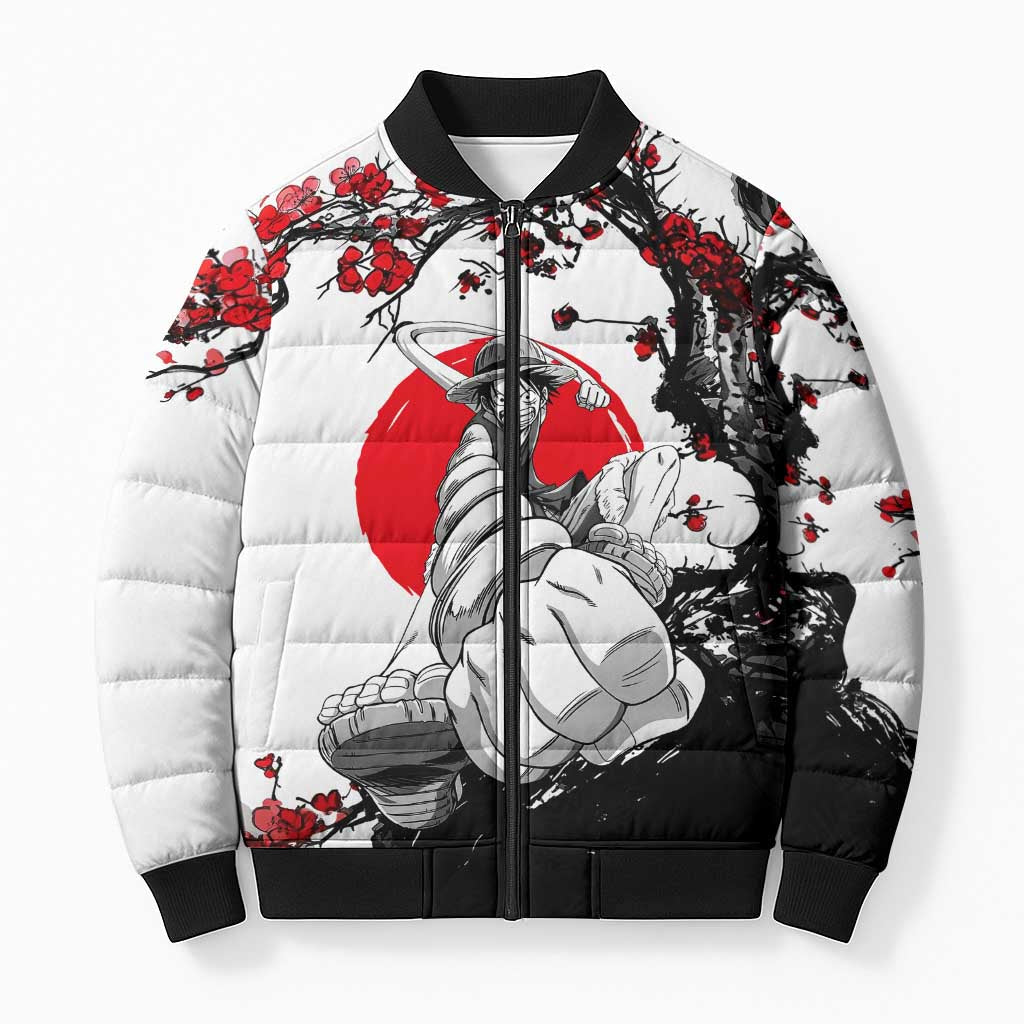 Luffy Gear 3 One Piece Anime White and Red Japanese Art Style Bomber Puffer Jacket with Cherry Blossom Tree and Straw Hat Pirates Jolly Roger - The Mazicc