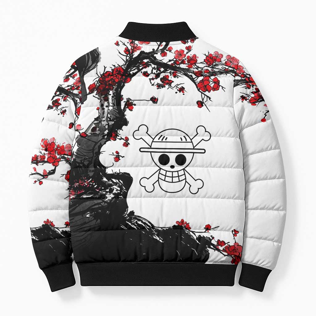 Luffy Gear 3 One Piece Anime White and Red Japanese Art Style Bomber Puffer Jacket with Cherry Blossom Tree and Straw Hat Pirates Jolly Roger - The Mazicc