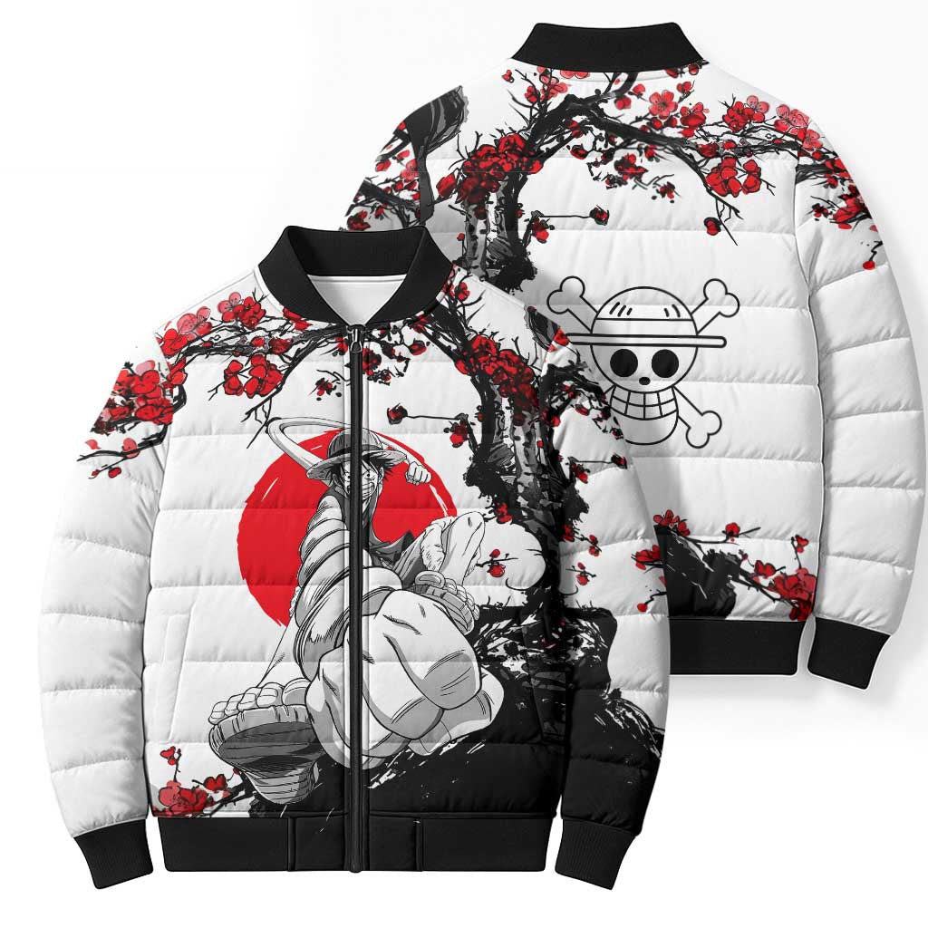 Luffy Gear 3 One Piece Anime White and Red Japanese Art Style Bomber Puffer Jacket with Cherry Blossom Tree and Straw Hat Pirates Jolly Roger - The Mazicc