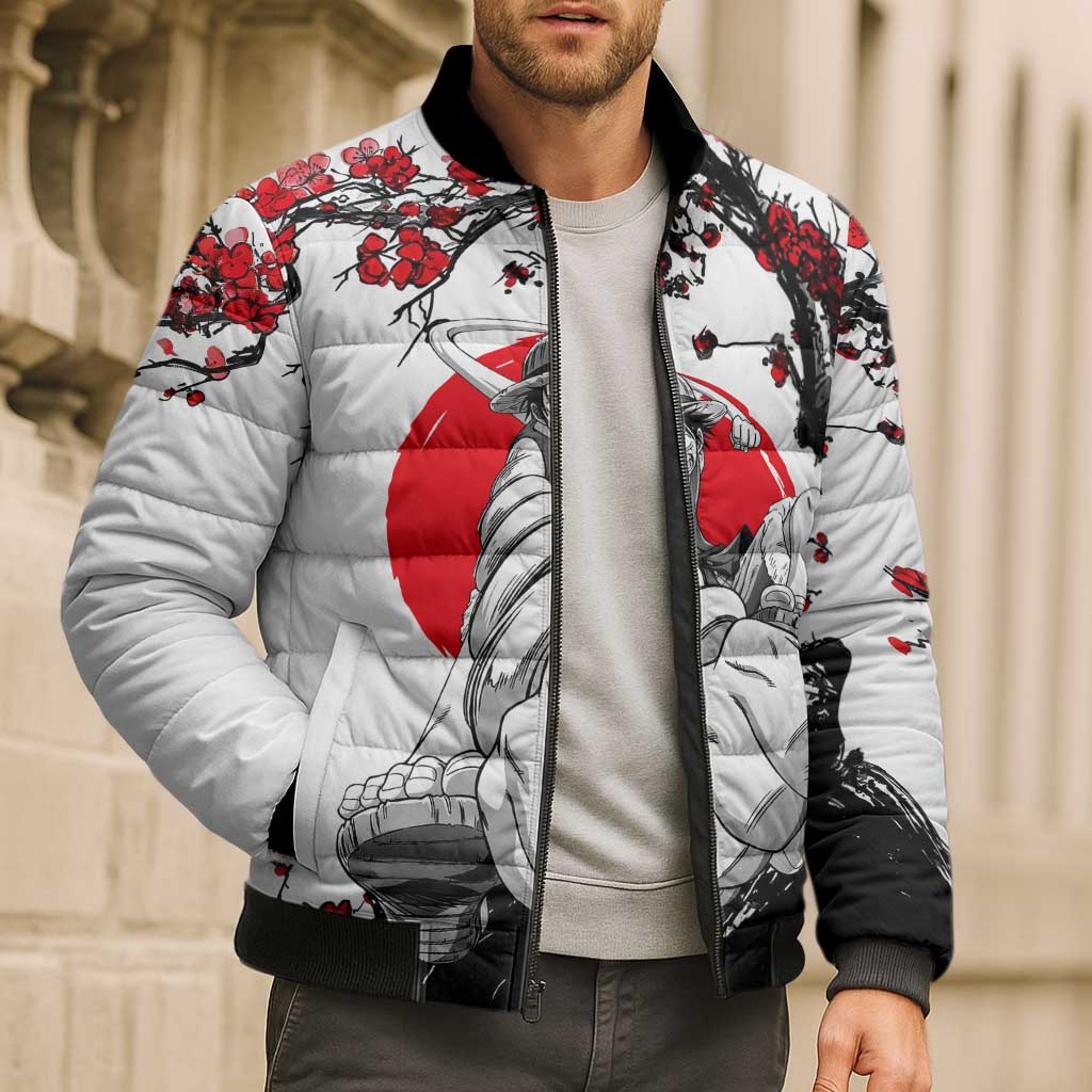 Luffy Gear 3 One Piece Anime White and Red Japanese Art Style Bomber Puffer Jacket with Cherry Blossom Tree and Straw Hat Pirates Jolly Roger - The Mazicc