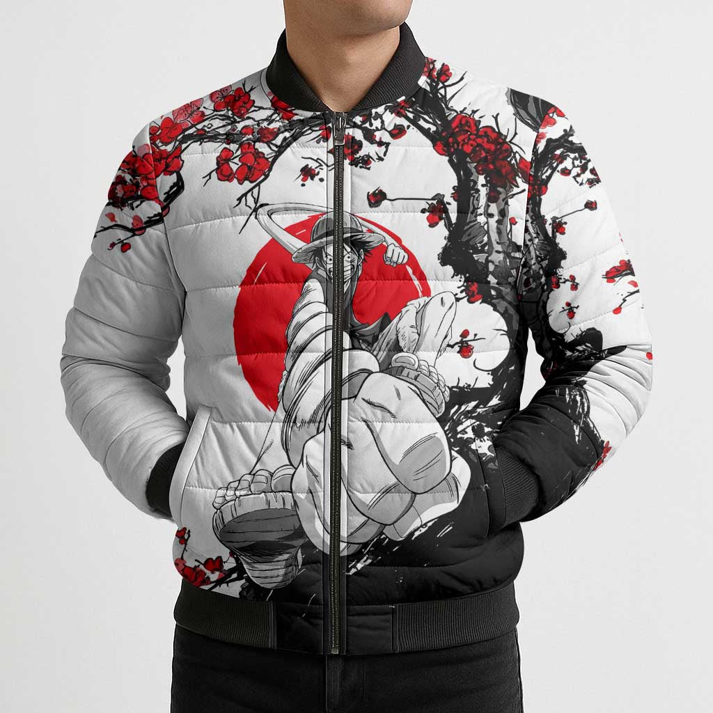 Luffy Gear 3 One Piece Anime White and Red Japanese Art Style Bomber Puffer Jacket with Cherry Blossom Tree and Straw Hat Pirates Jolly Roger - The Mazicc