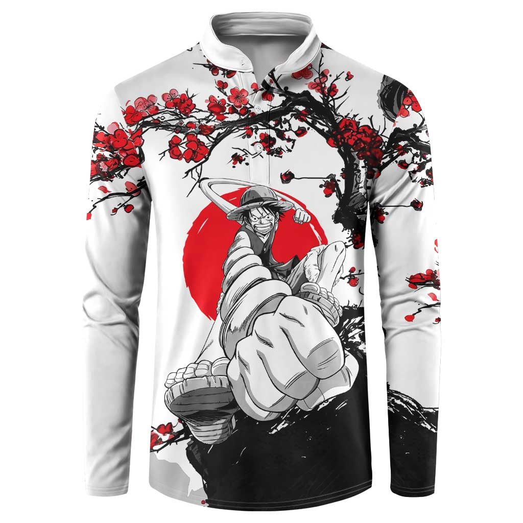 Luffy Gear 3 One Piece Anime White and Red Japanese Art Style Button Sweatshirt with Cherry Blossom Tree and Straw Hat Pirates Jolly Roger - The Mazicc