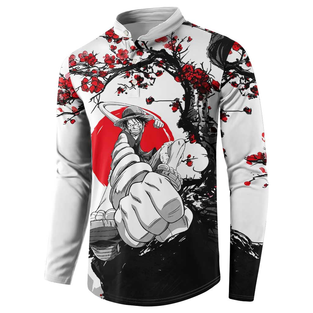 Luffy Gear 3 One Piece Anime White and Red Japanese Art Style Button Sweatshirt with Cherry Blossom Tree and Straw Hat Pirates Jolly Roger - The Mazicc