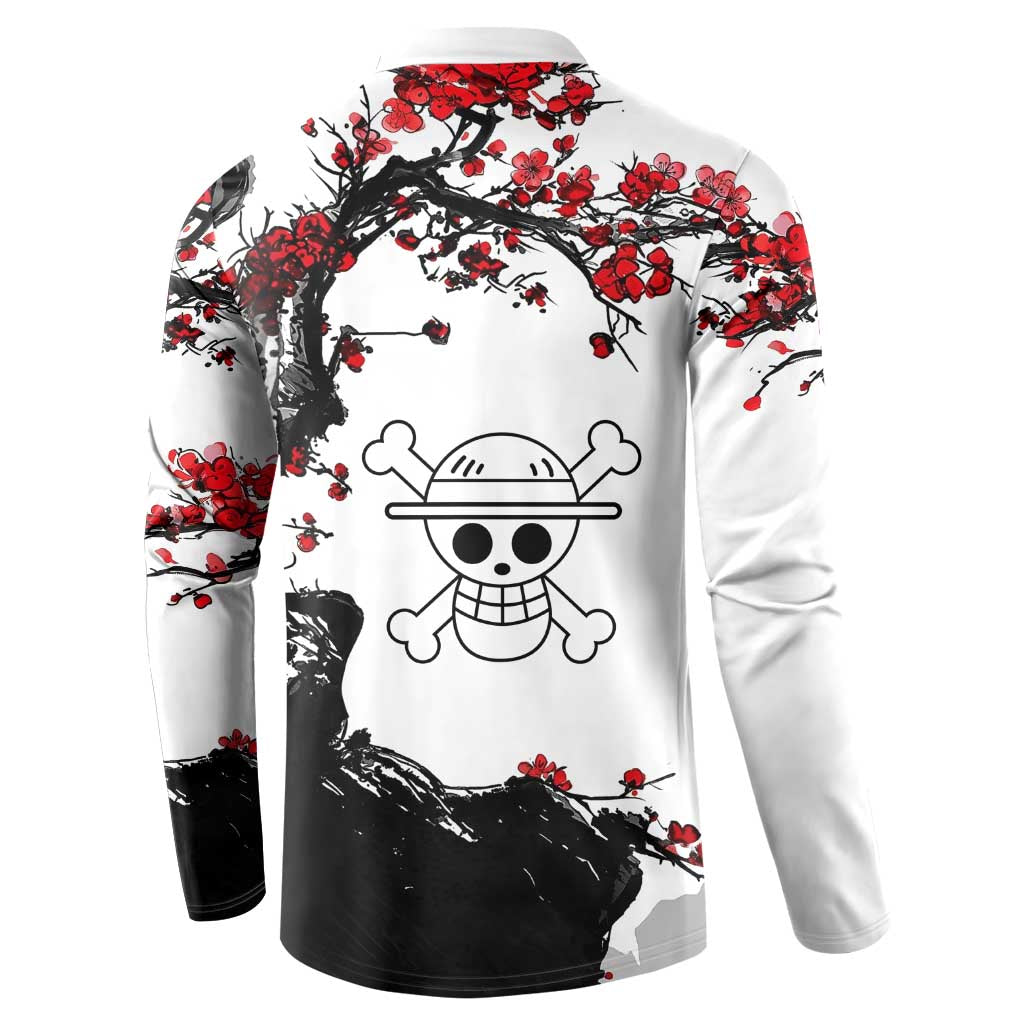 Luffy Gear 3 One Piece Anime White and Red Japanese Art Style Button Sweatshirt with Cherry Blossom Tree and Straw Hat Pirates Jolly Roger - The Mazicc