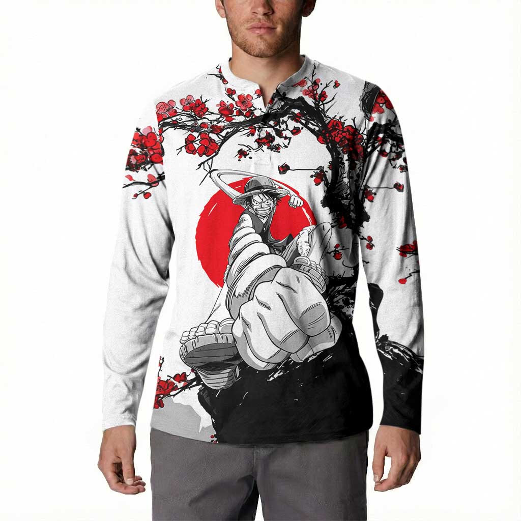 Luffy Gear 3 One Piece Anime White and Red Japanese Art Style Button Sweatshirt with Cherry Blossom Tree and Straw Hat Pirates Jolly Roger - The Mazicc