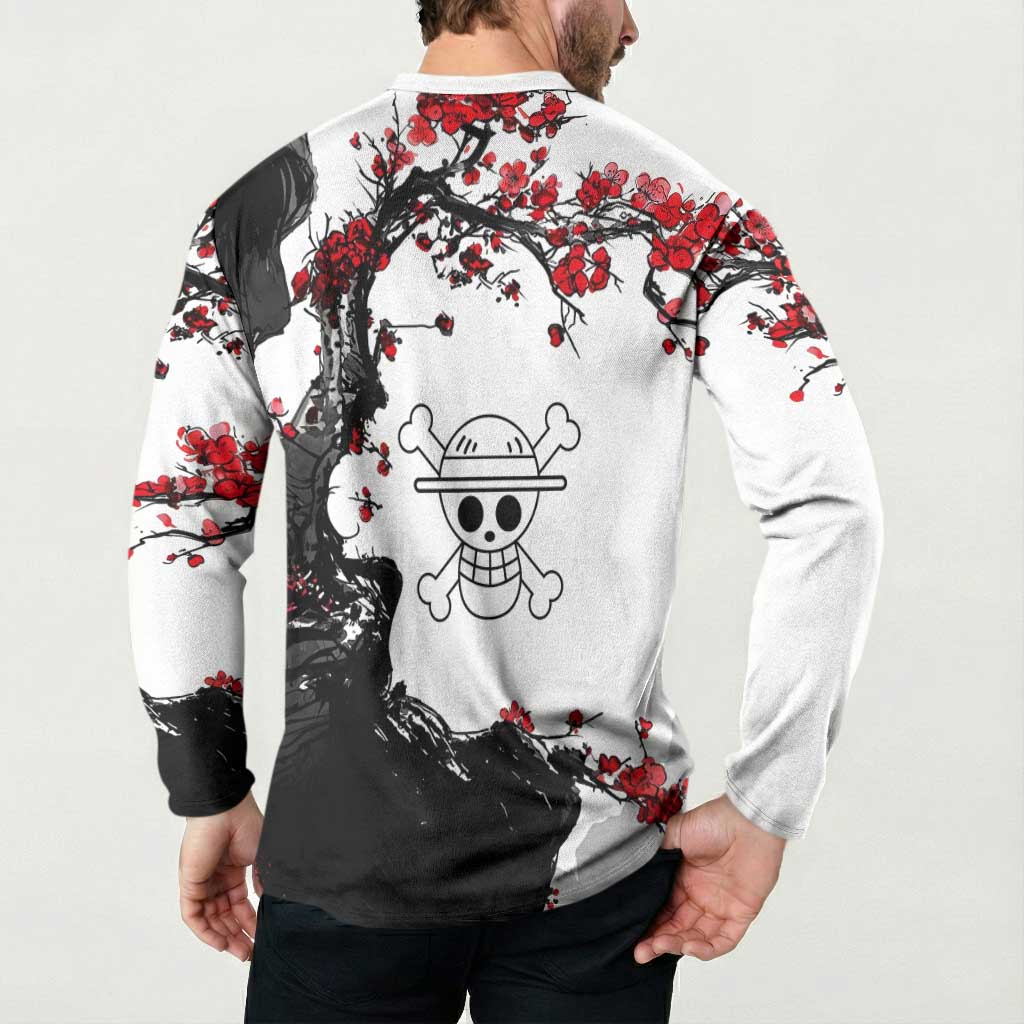 Luffy Gear 3 One Piece Anime White and Red Japanese Art Style Button Sweatshirt with Cherry Blossom Tree and Straw Hat Pirates Jolly Roger - The Mazicc