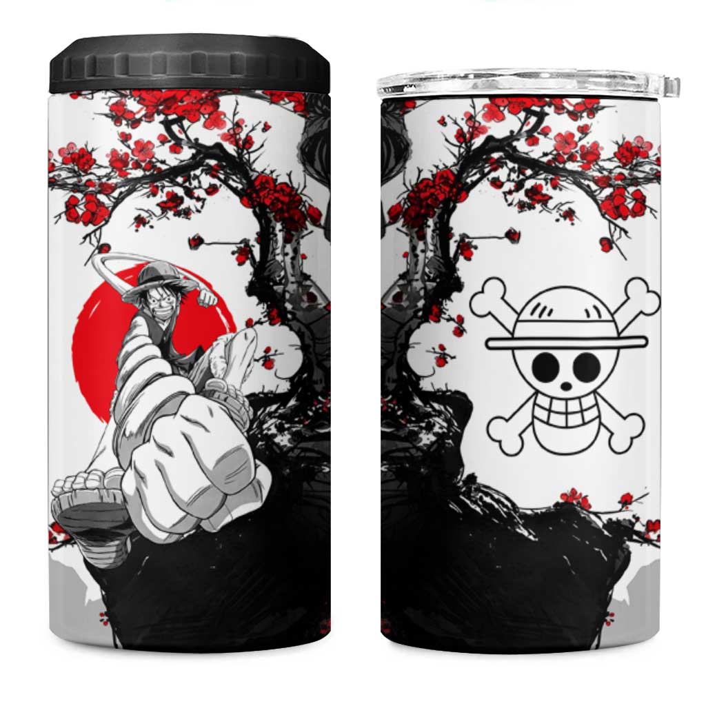 Luffy Gear 3 One Piece Anime White and Red Japanese Art Style 4 in 1 Can Cooler Tumbler with Cherry Blossom Tree and Straw Hat Pirates Jolly Roger - The Mazicc