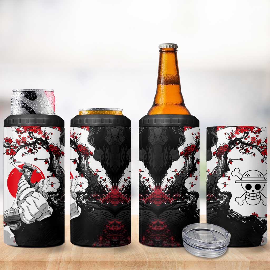 Luffy Gear 3 One Piece Anime White and Red Japanese Art Style 4 in 1 Can Cooler Tumbler with Cherry Blossom Tree and Straw Hat Pirates Jolly Roger - The Mazicc