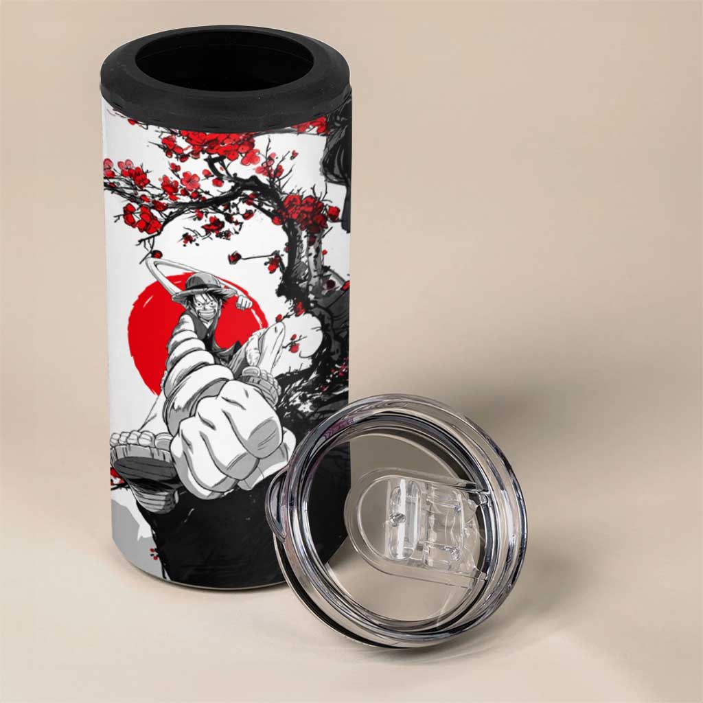 Luffy Gear 3 One Piece Anime White and Red Japanese Art Style 4 in 1 Can Cooler Tumbler with Cherry Blossom Tree and Straw Hat Pirates Jolly Roger - The Mazicc