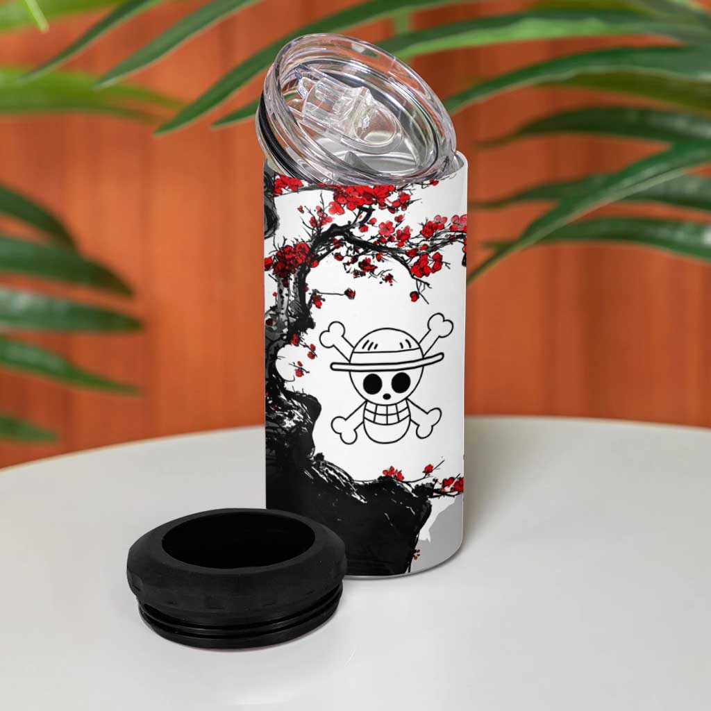 Luffy Gear 3 One Piece Anime White and Red Japanese Art Style 4 in 1 Can Cooler Tumbler with Cherry Blossom Tree and Straw Hat Pirates Jolly Roger - The Mazicc