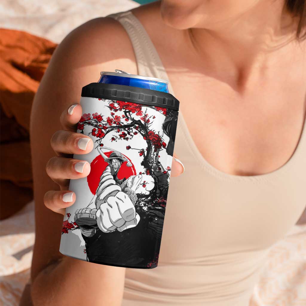 Luffy Gear 3 One Piece Anime White and Red Japanese Art Style 4 in 1 Can Cooler Tumbler with Cherry Blossom Tree and Straw Hat Pirates Jolly Roger - The Mazicc