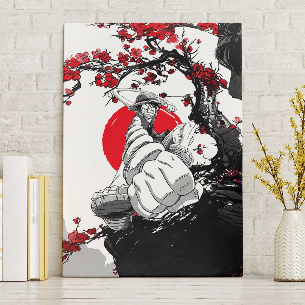 Luffy Gear 3 One Piece Anime White and Red Japanese Art Style Canvas Wall Art with Cherry Blossom Tree and Straw Hat Pirates Jolly Roger - The Mazicc