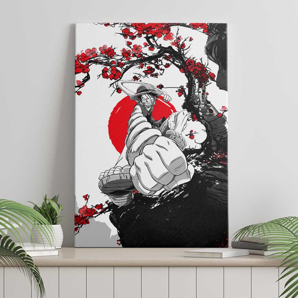 Luffy Gear 3 One Piece Anime White and Red Japanese Art Style Canvas Wall Art with Cherry Blossom Tree and Straw Hat Pirates Jolly Roger - The Mazicc