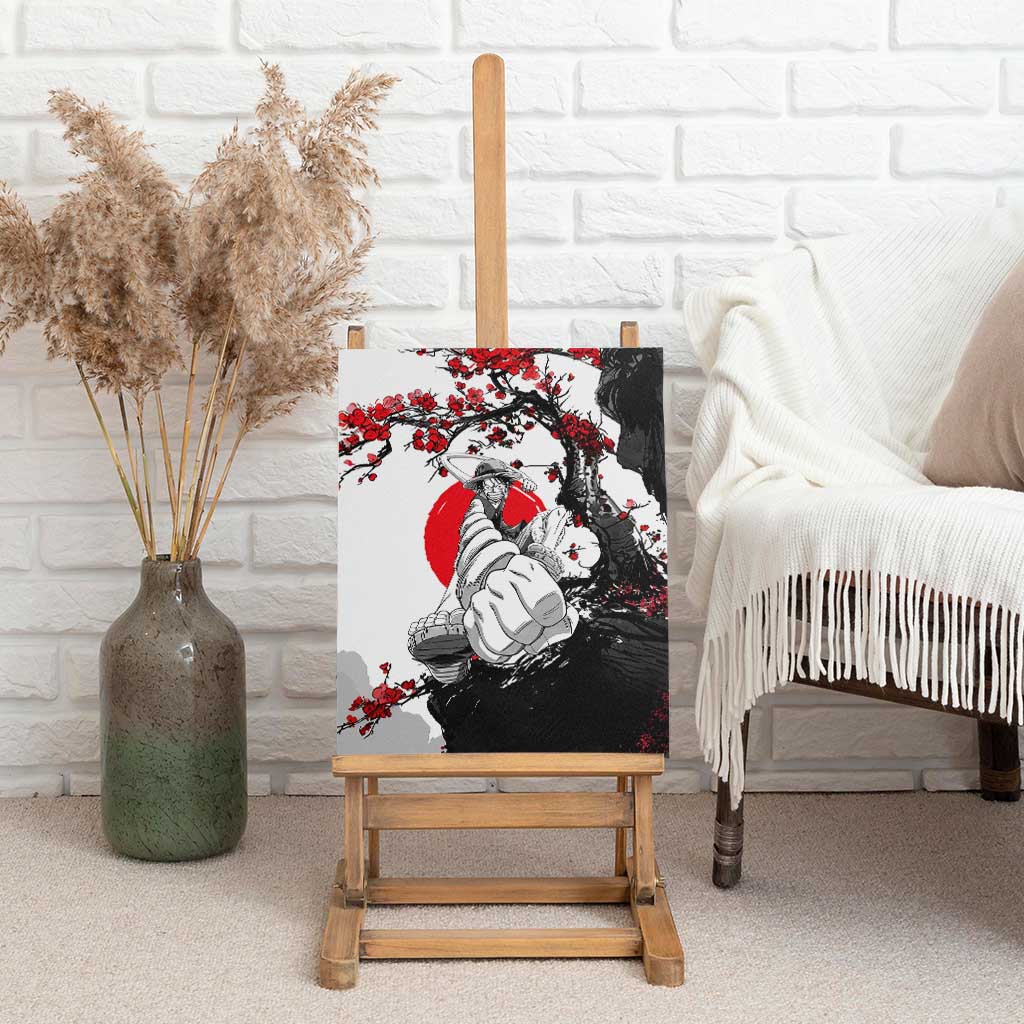 Luffy Gear 3 One Piece Anime White and Red Japanese Art Style Canvas Wall Art with Cherry Blossom Tree and Straw Hat Pirates Jolly Roger - The Mazicc
