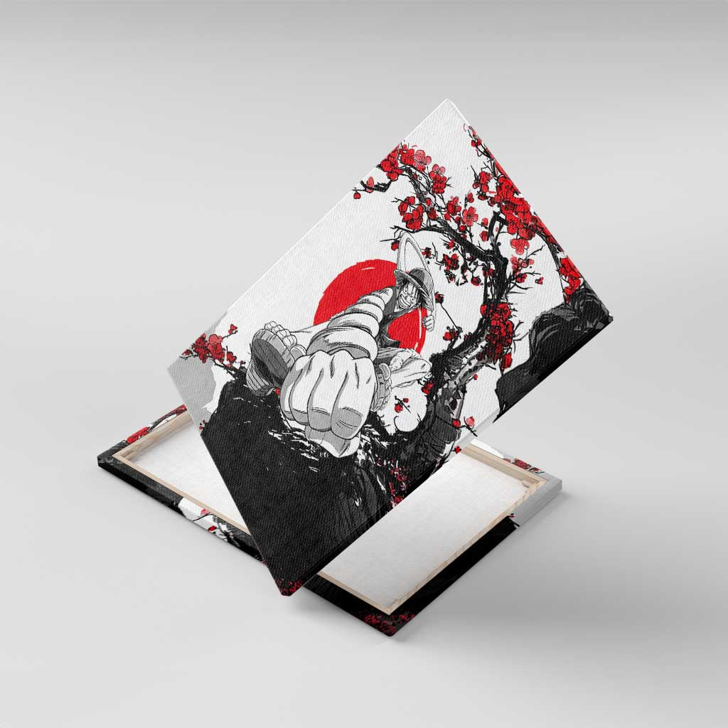 Luffy Gear 3 One Piece Anime White and Red Japanese Art Style Canvas Wall Art with Cherry Blossom Tree and Straw Hat Pirates Jolly Roger - The Mazicc