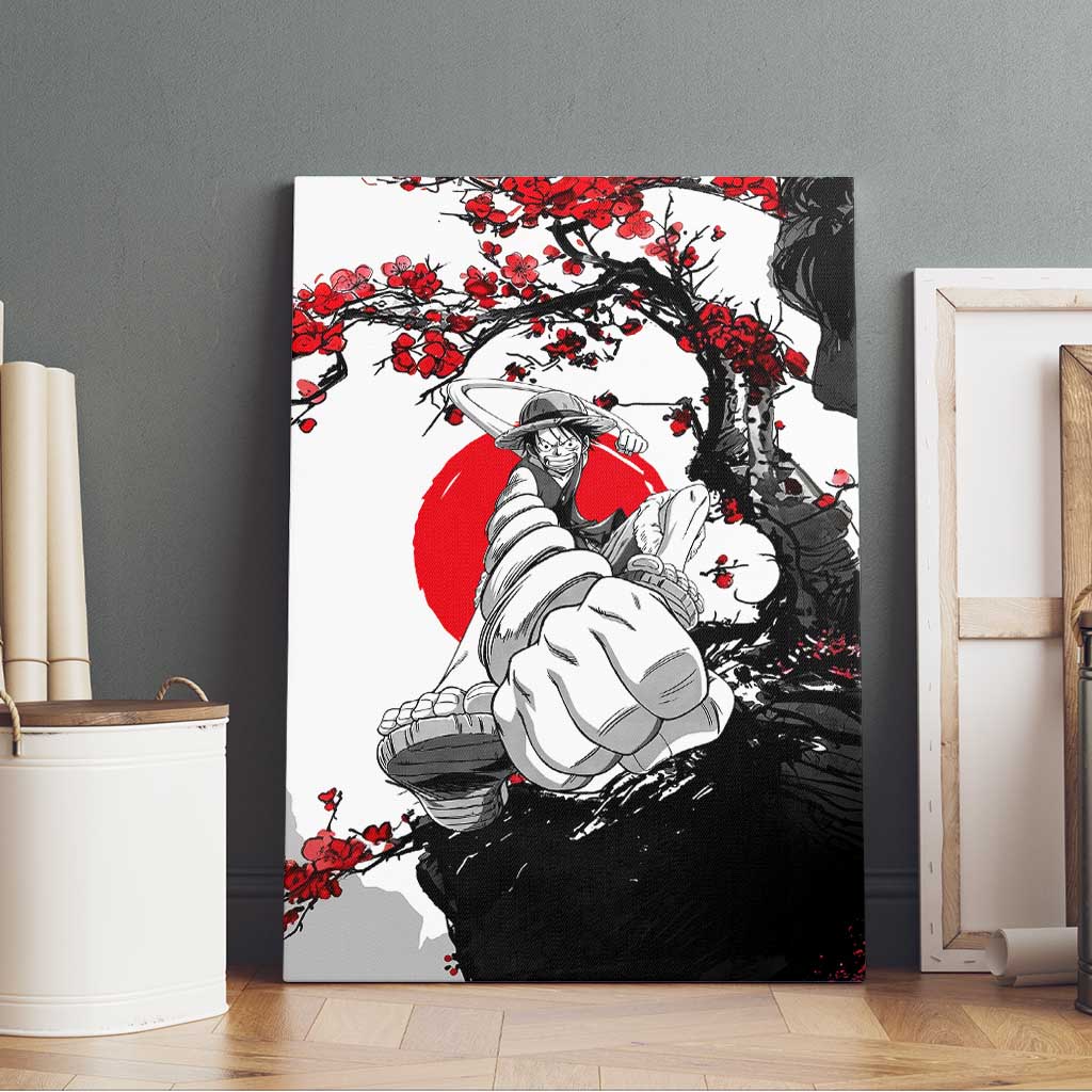 Luffy Gear 3 One Piece Anime White and Red Japanese Art Style Canvas Wall Art with Cherry Blossom Tree and Straw Hat Pirates Jolly Roger - The Mazicc