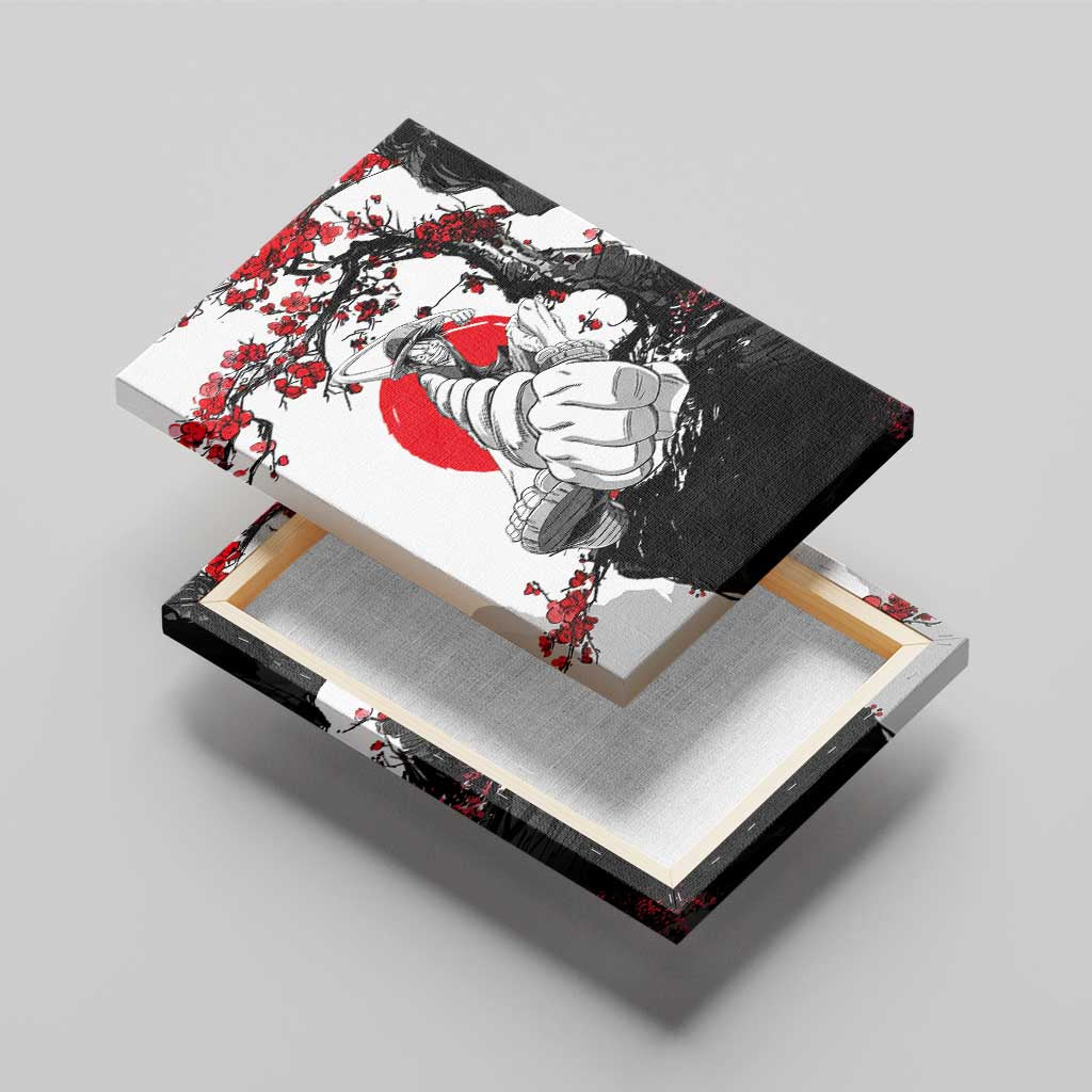 Luffy Gear 3 One Piece Anime White and Red Japanese Art Style Canvas Wall Art with Cherry Blossom Tree and Straw Hat Pirates Jolly Roger - The Mazicc