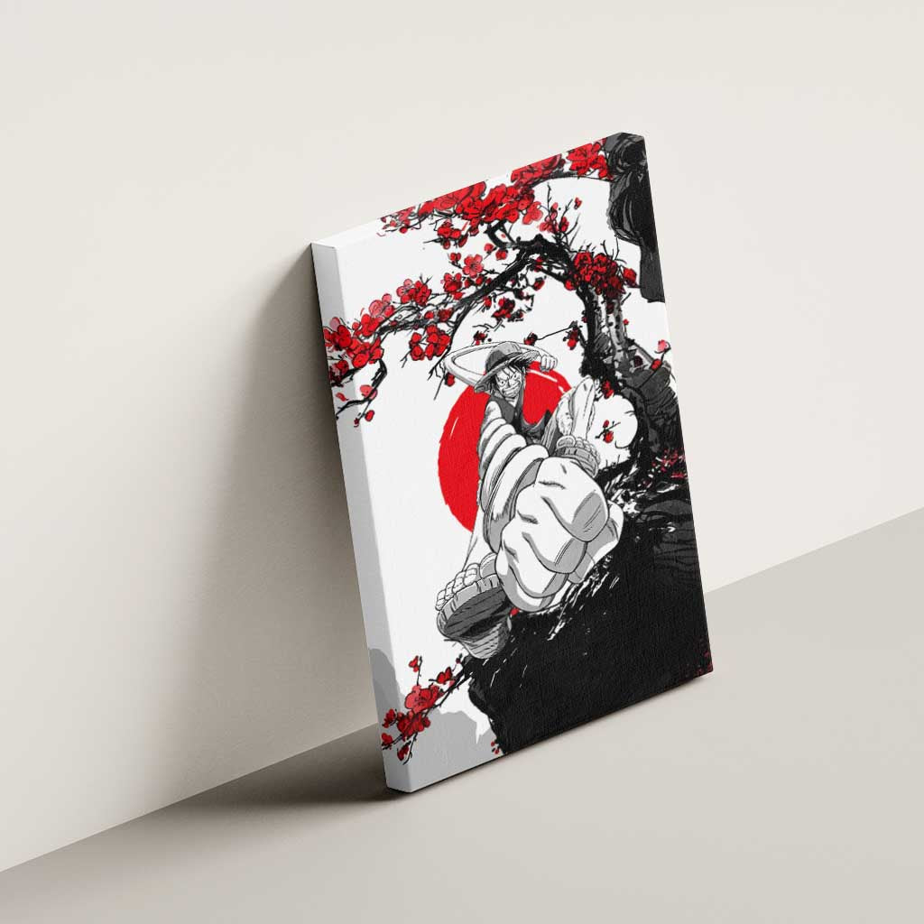 Luffy Gear 3 One Piece Anime White and Red Japanese Art Style Canvas Wall Art with Cherry Blossom Tree and Straw Hat Pirates Jolly Roger - The Mazicc