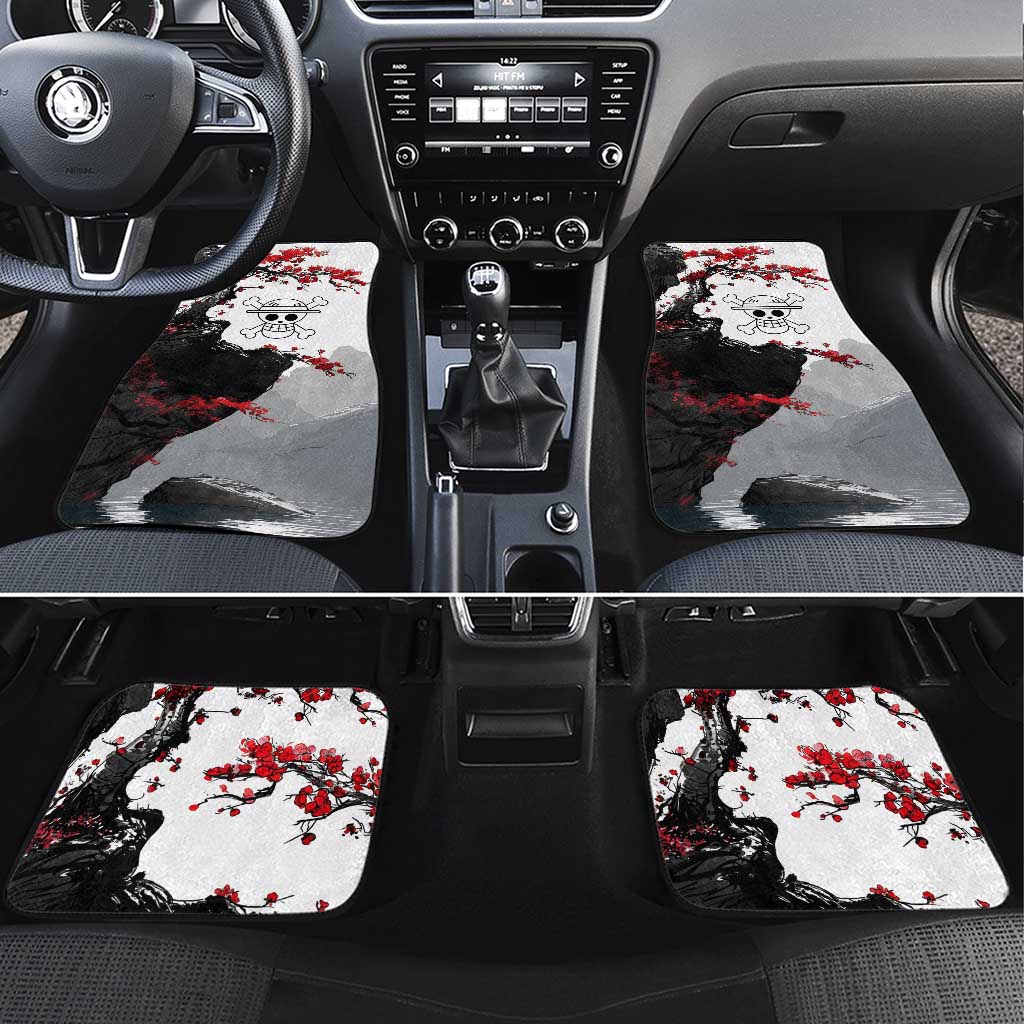 Luffy Gear 3 One Piece Anime White and Red Japanese Art Style Car Mats with Cherry Blossom Tree and Straw Hat Pirates Jolly Roger - The Mazicc