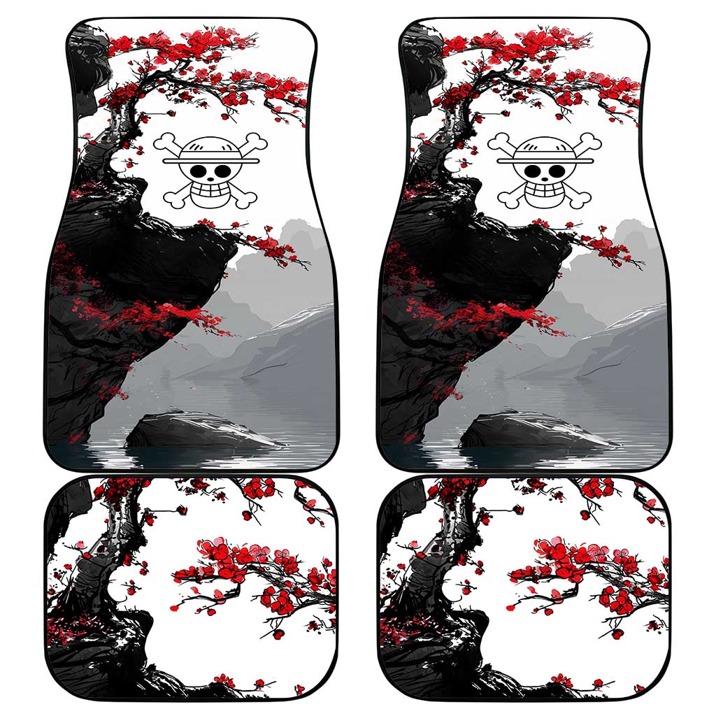 Luffy Gear 3 One Piece Anime White and Red Japanese Art Style Car Mats with Cherry Blossom Tree and Straw Hat Pirates Jolly Roger - The Mazicc