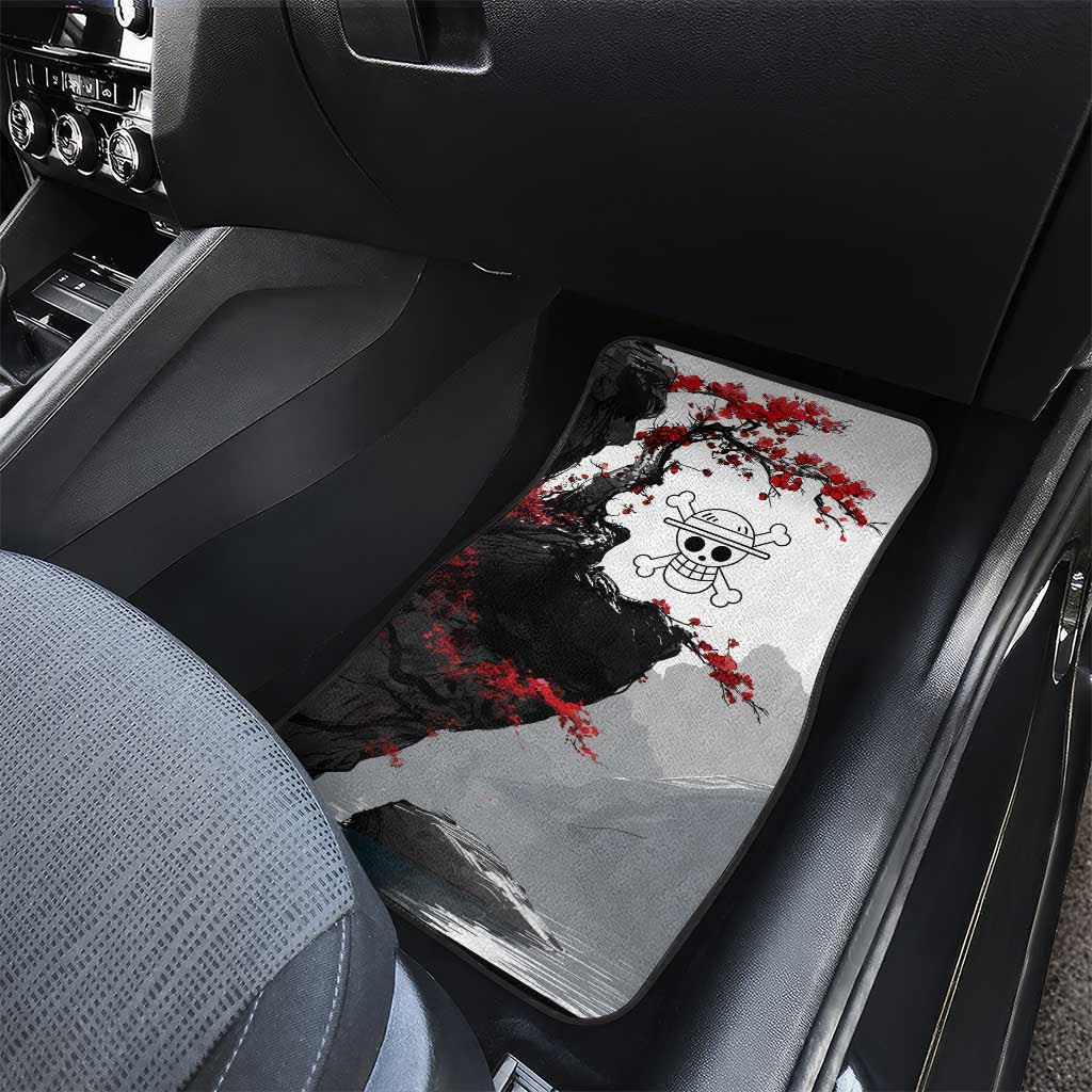 Luffy Gear 3 One Piece Anime White and Red Japanese Art Style Car Mats with Cherry Blossom Tree and Straw Hat Pirates Jolly Roger - The Mazicc