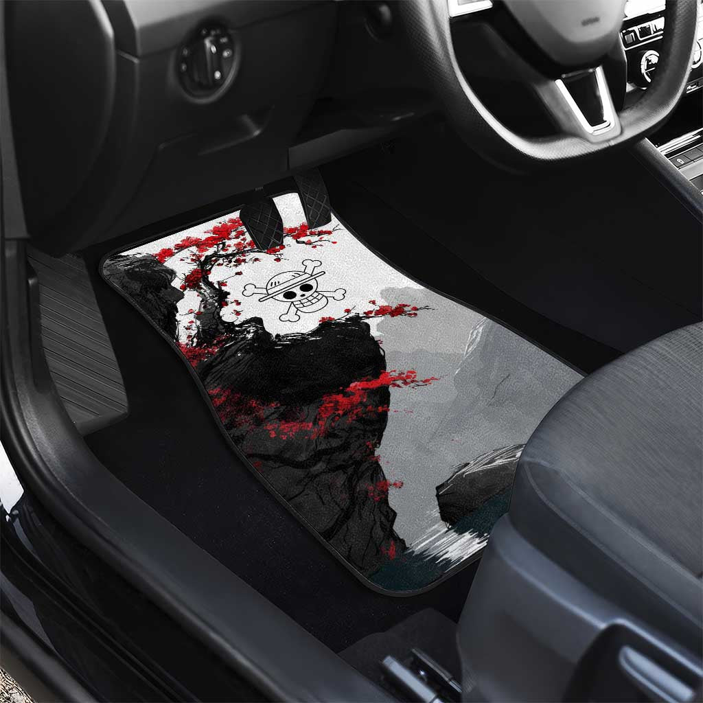 Luffy Gear 3 One Piece Anime White and Red Japanese Art Style Car Mats with Cherry Blossom Tree and Straw Hat Pirates Jolly Roger - The Mazicc