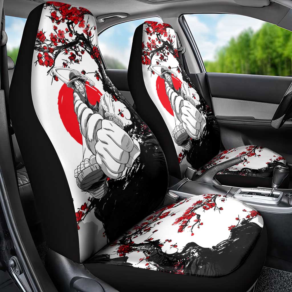 Luffy Gear 3 One Piece Anime White and Red Japanese Art Style Car Seat Cover with Cherry Blossom Tree and Straw Hat Pirates Jolly Roger - The Mazicc