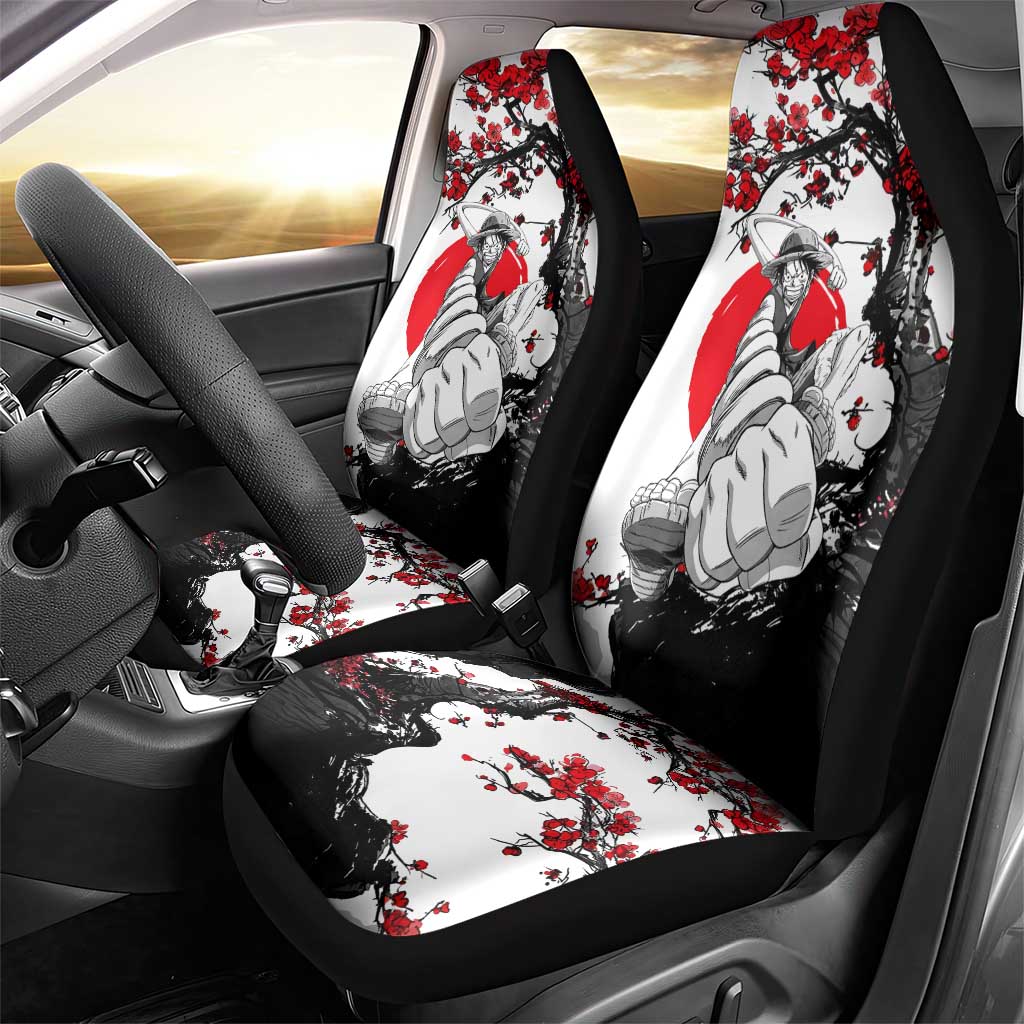 Luffy Gear 3 One Piece Anime White and Red Japanese Art Style Car Seat Cover with Cherry Blossom Tree and Straw Hat Pirates Jolly Roger - The Mazicc