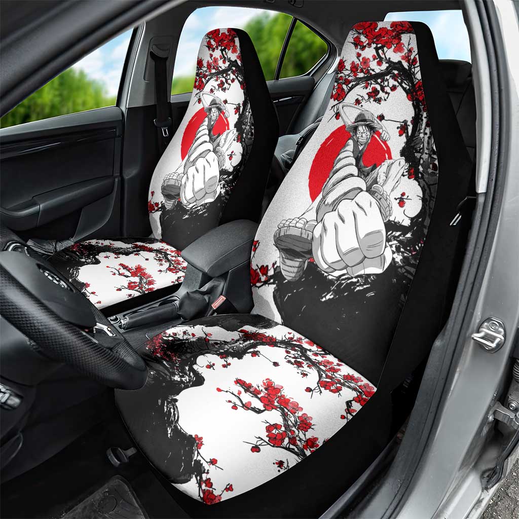Luffy Gear 3 One Piece Anime White and Red Japanese Art Style Car Seat Cover with Cherry Blossom Tree and Straw Hat Pirates Jolly Roger - The Mazicc