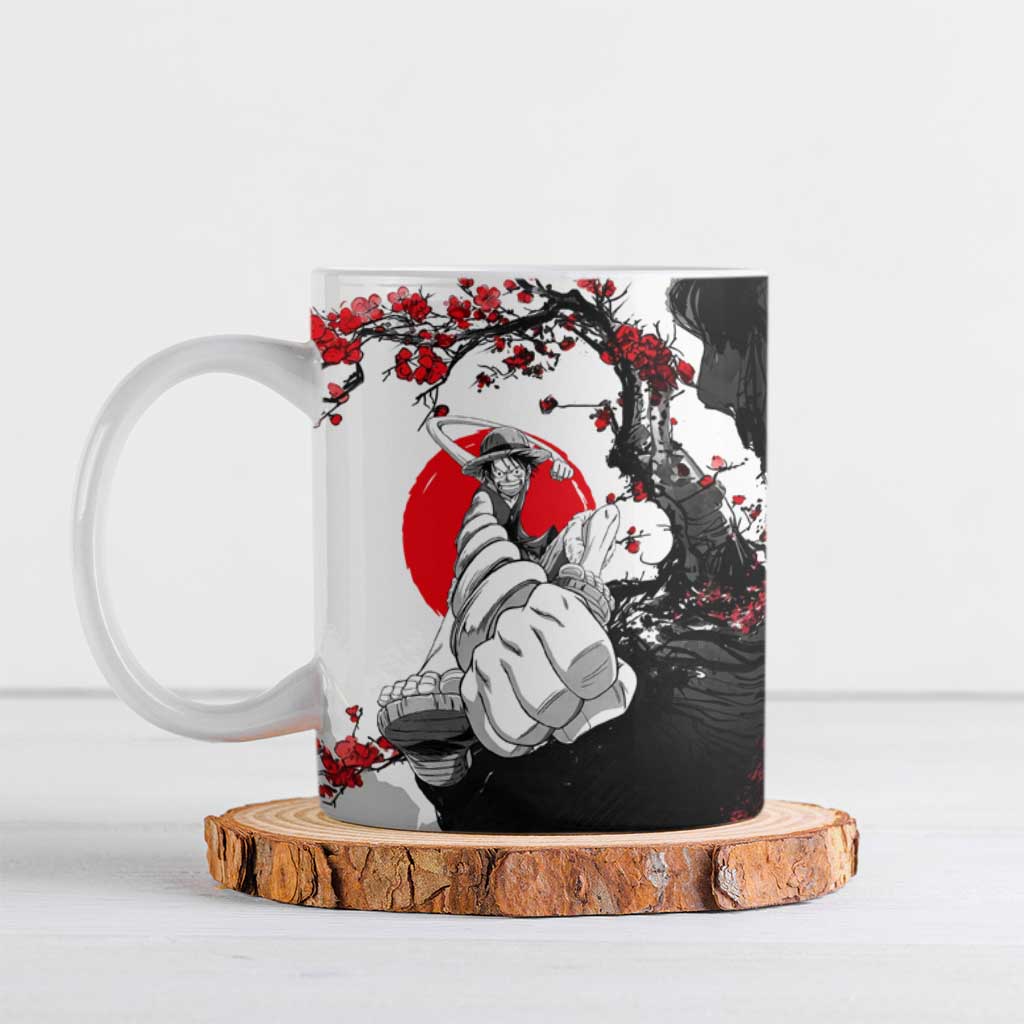 Luffy Gear 3 One Piece Anime White and Red Japanese Art Style Ceramic Mug with Cherry Blossom Tree and Straw Hat Pirates Jolly Roger - The Mazicc