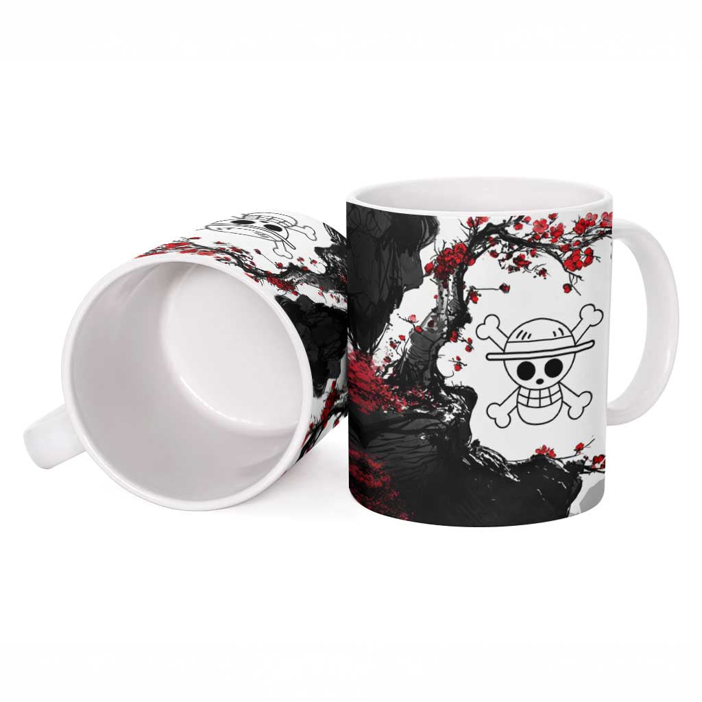 Luffy Gear 3 One Piece Anime White and Red Japanese Art Style Ceramic Mug with Cherry Blossom Tree and Straw Hat Pirates Jolly Roger - The Mazicc