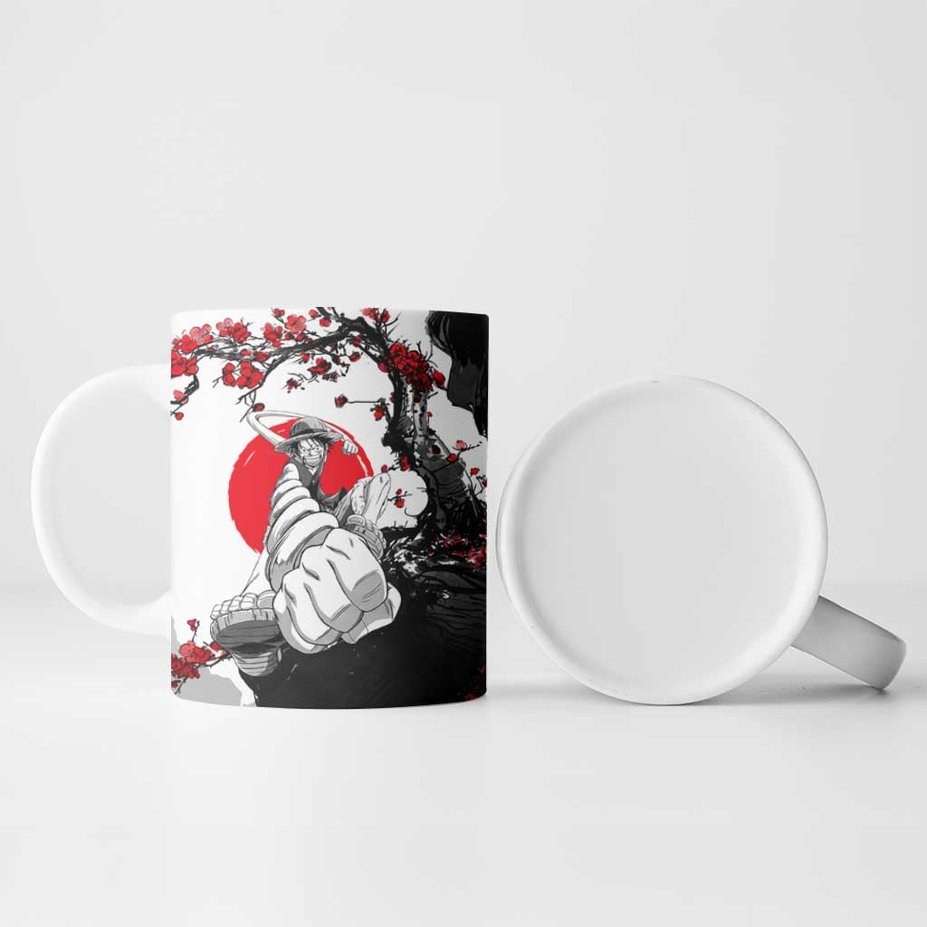 Luffy Gear 3 One Piece Anime White and Red Japanese Art Style Ceramic Mug with Cherry Blossom Tree and Straw Hat Pirates Jolly Roger - The Mazicc