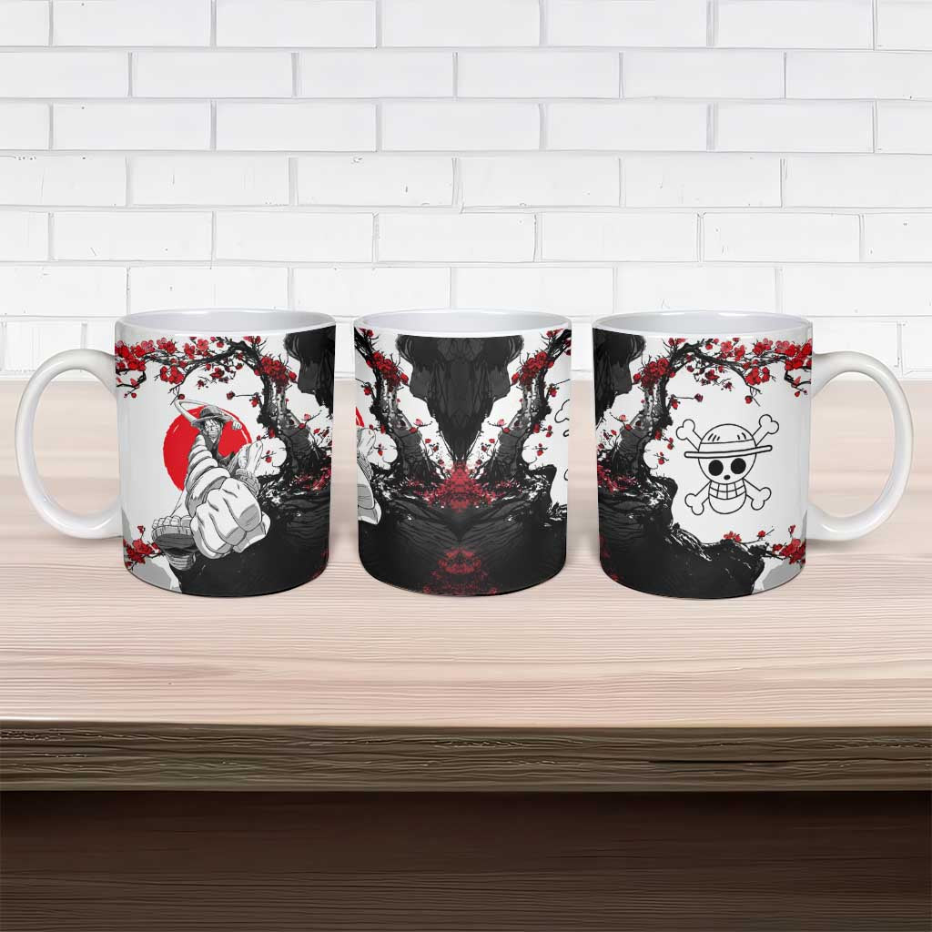 Luffy Gear 3 One Piece Anime White and Red Japanese Art Style Ceramic Mug with Cherry Blossom Tree and Straw Hat Pirates Jolly Roger - The Mazicc