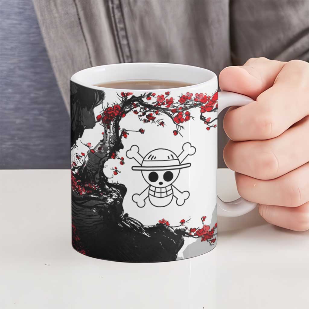 Luffy Gear 3 One Piece Anime White and Red Japanese Art Style Ceramic Mug with Cherry Blossom Tree and Straw Hat Pirates Jolly Roger - The Mazicc