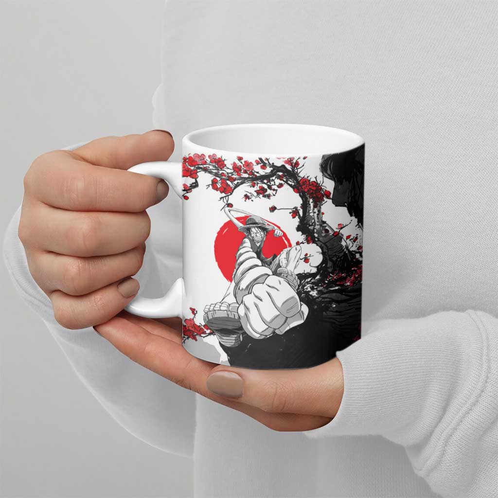 Luffy Gear 3 One Piece Anime White and Red Japanese Art Style Ceramic Mug with Cherry Blossom Tree and Straw Hat Pirates Jolly Roger - The Mazicc
