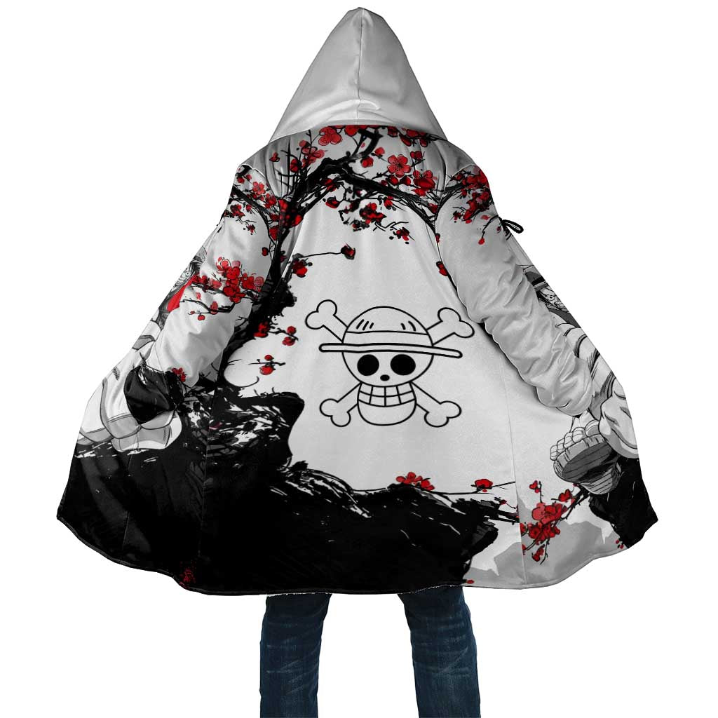 Luffy Gear 3 One Piece Anime White and Red Japanese Art Style Cloak with Cherry Blossom Tree and Straw Hat Pirates Jolly Roger - The Mazicc