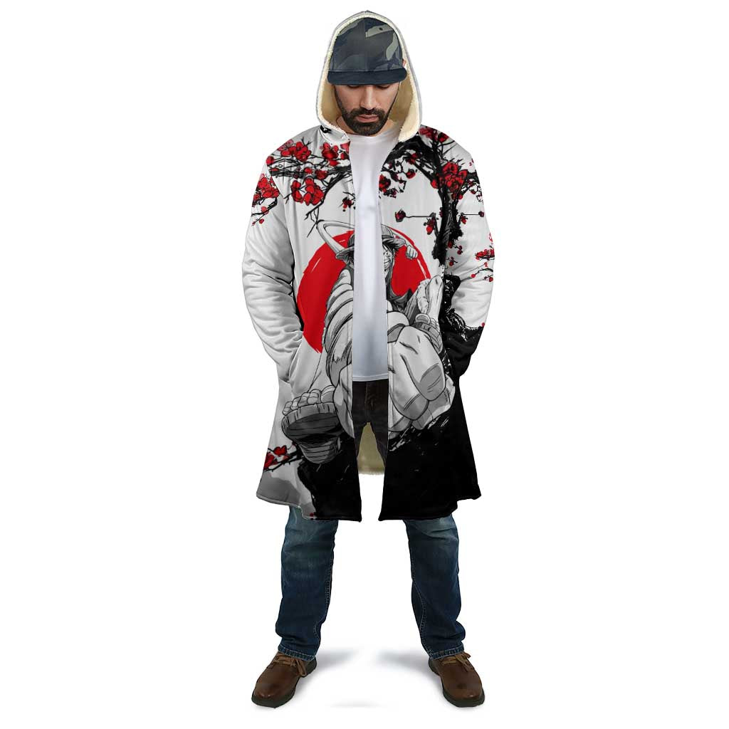 Luffy Gear 3 One Piece Anime White and Red Japanese Art Style Cloak with Cherry Blossom Tree and Straw Hat Pirates Jolly Roger - The Mazicc