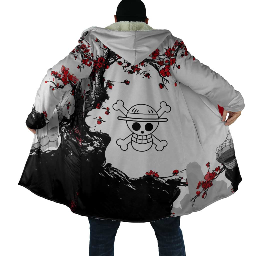 Luffy Gear 3 One Piece Anime White and Red Japanese Art Style Cloak with Cherry Blossom Tree and Straw Hat Pirates Jolly Roger - The Mazicc