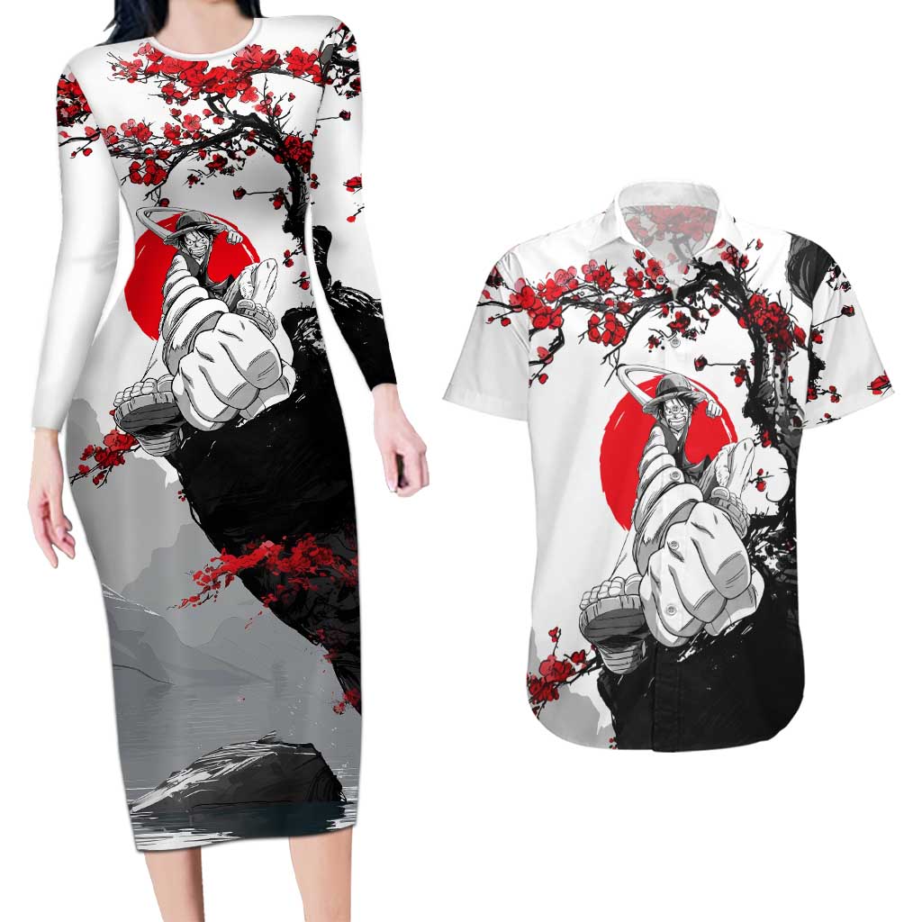 Luffy Gear 3 One Piece Anime White and Red Japanese Art Style Couples Matching Long Sleeve Bodycon Dress and Hawaiian Shirt with Cherry Blossom Tree and Straw Hat Pirates Jolly Roger - The Mazicc
