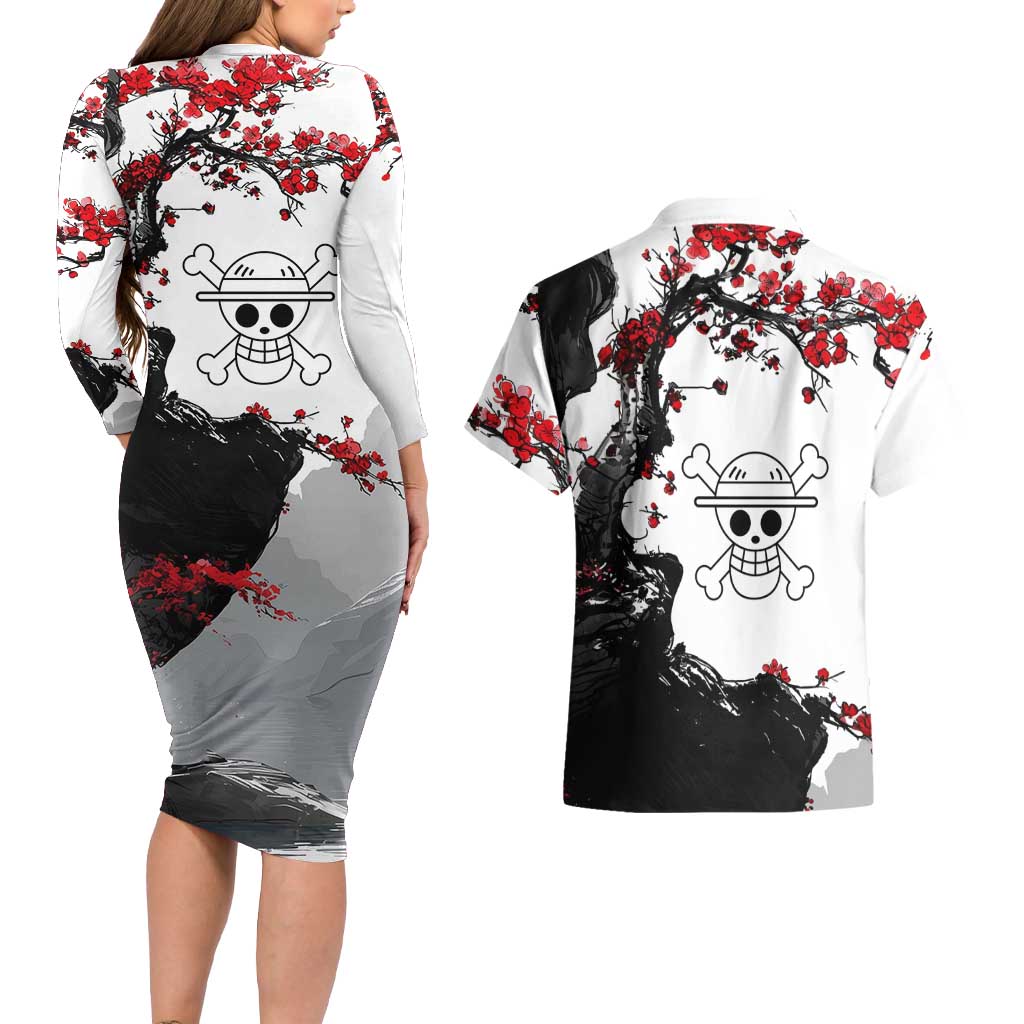 Luffy Gear 3 One Piece Anime White and Red Japanese Art Style Couples Matching Long Sleeve Bodycon Dress and Hawaiian Shirt with Cherry Blossom Tree and Straw Hat Pirates Jolly Roger - The Mazicc
