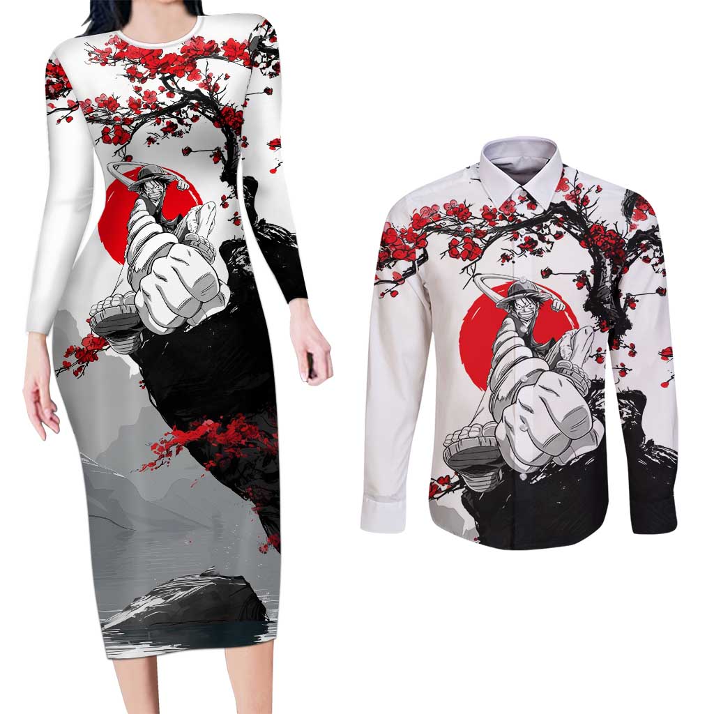 Luffy Gear 3 One Piece Anime White and Red Japanese Art Style Couples Matching Long Sleeve Bodycon Dress and Long Sleeve Button Shirt with Cherry Blossom Tree and Straw Hat Pirates Jolly Roger - The Mazicc