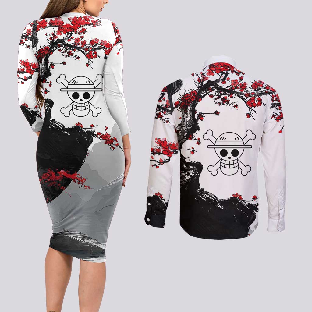 Luffy Gear 3 One Piece Anime White and Red Japanese Art Style Couples Matching Long Sleeve Bodycon Dress and Long Sleeve Button Shirt with Cherry Blossom Tree and Straw Hat Pirates Jolly Roger - The Mazicc