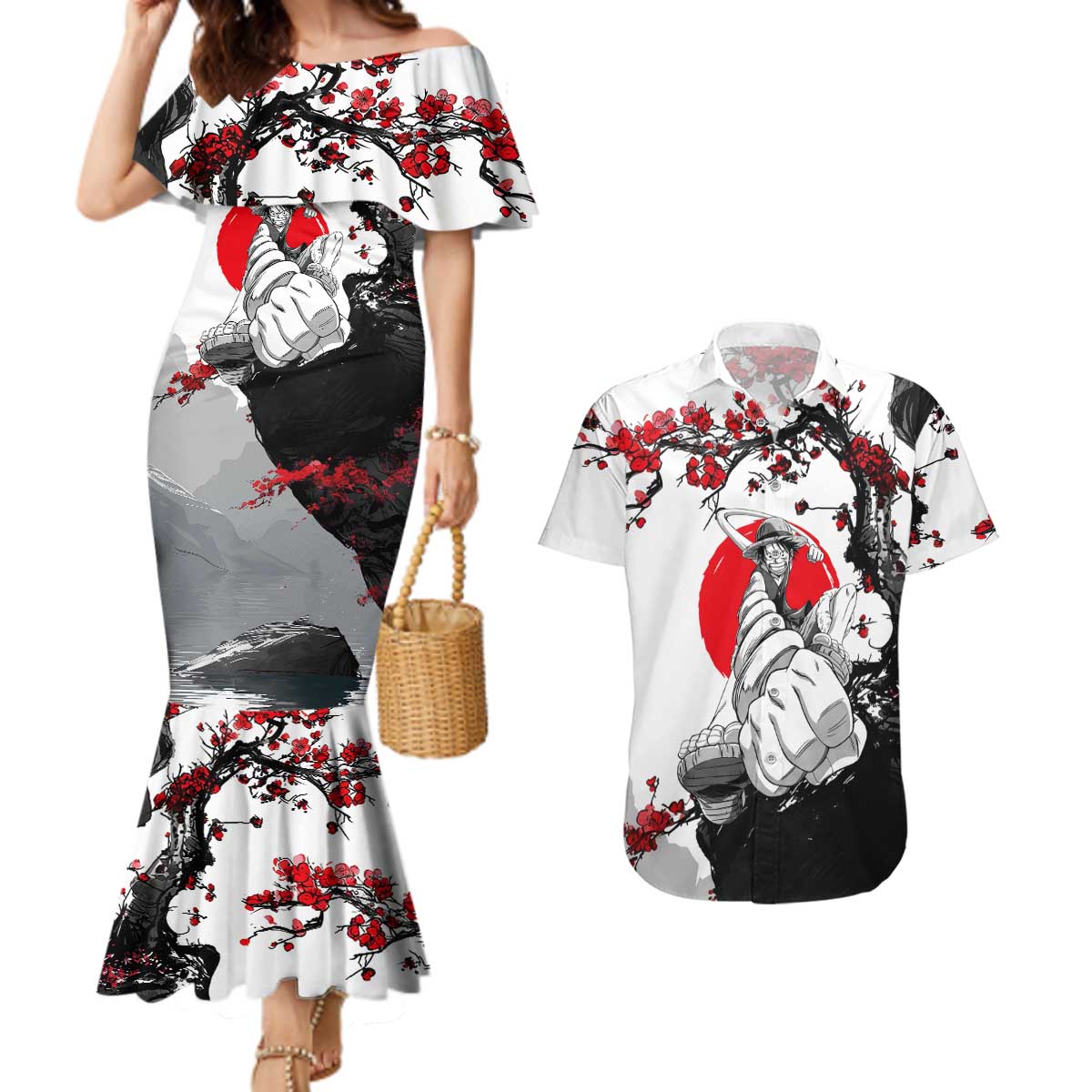 Luffy Gear 3 One Piece Anime White and Red Japanese Art Style Couples Matching Mermaid Dress and Hawaiian Shirt with Cherry Blossom Tree and Straw Hat Pirates Jolly Roger - The Mazicc